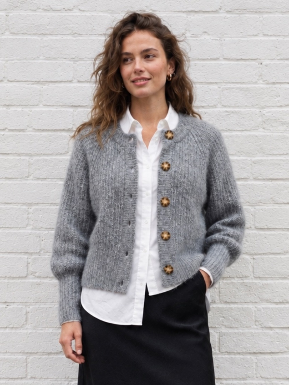 Zara Gray Alpaca Wool Textured Rib Knit Button Front Cardigan SZ L